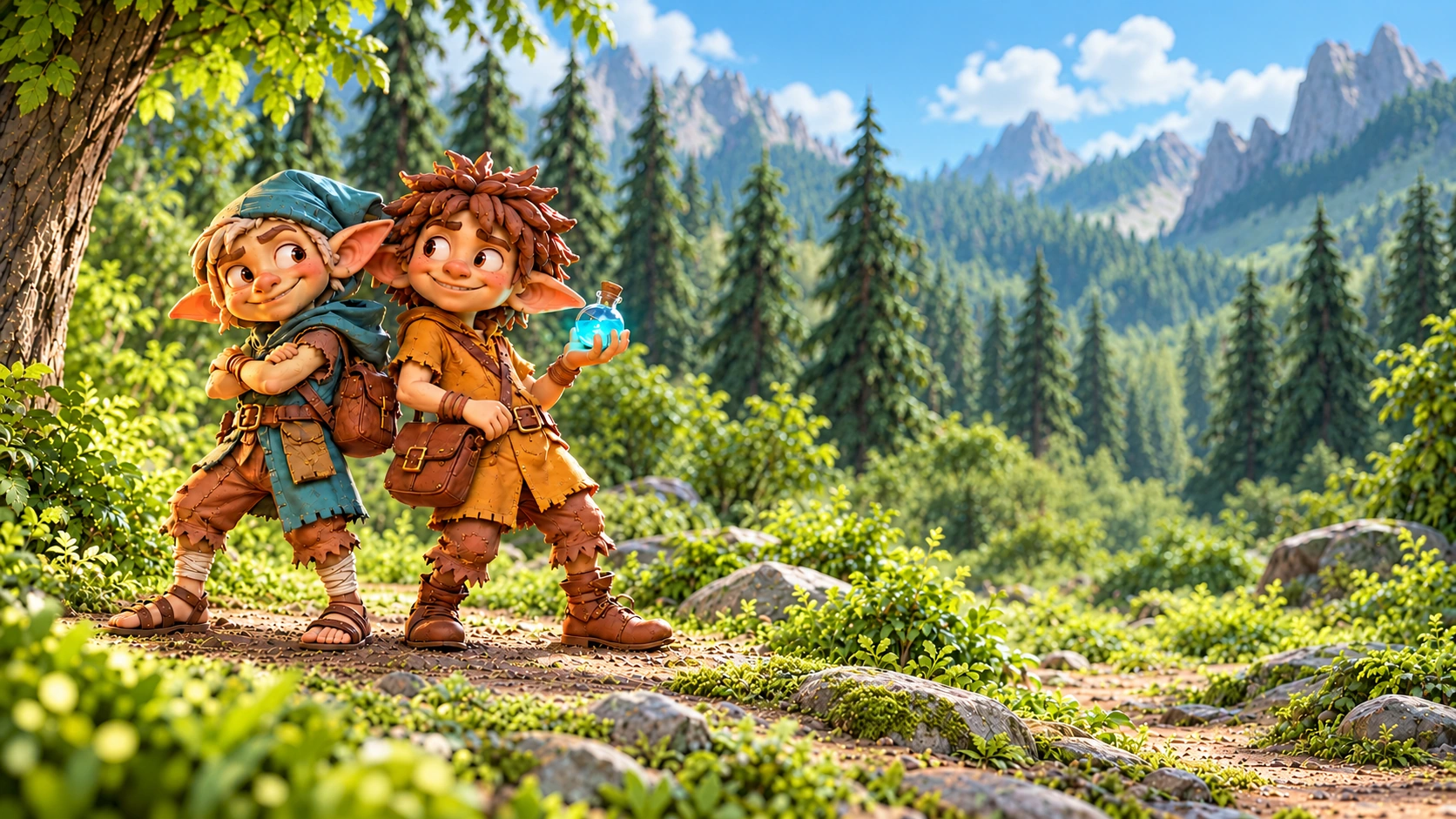 The two adventurers stand back to back in a sunny forest clearing at midday