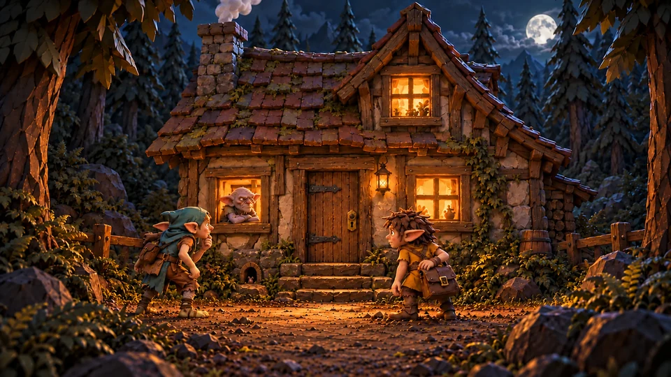 A crooked cottage in a moonlit forest, with two young adventurers and a stubborn resident
