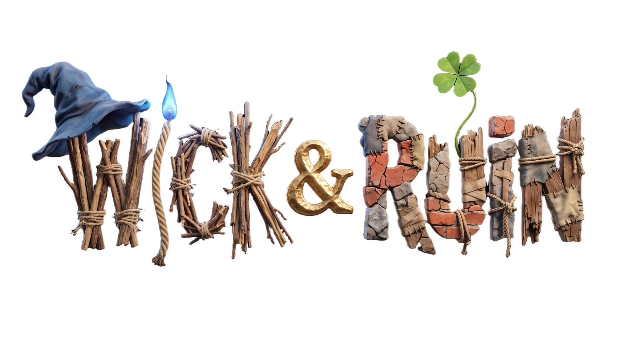 Wick and Ruin — a wizard hat, candle, wooden letters and a lucky clover